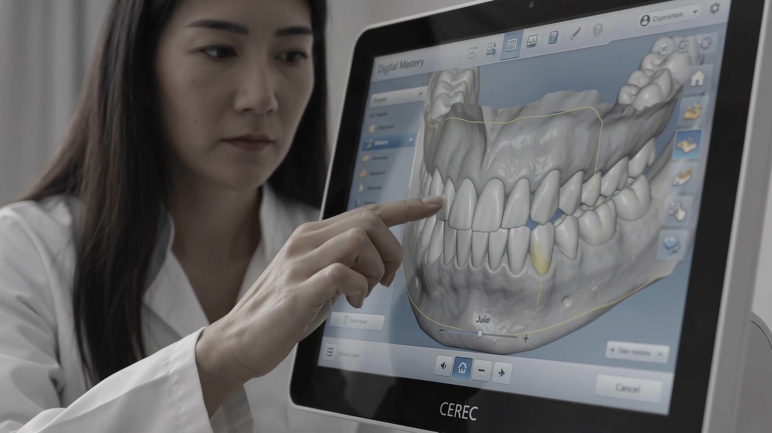 Dr. Julie Su operating a CEREC milling machine to fabricate a custom ceramic dental restoration in Dubai